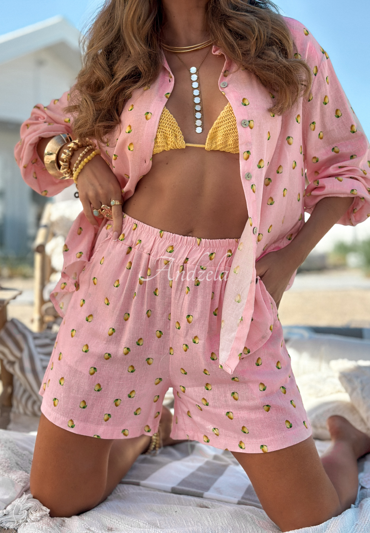 Compleu din in cu lămâi Fresh Lemon Juice format din cămașă și pantaloni scurți