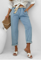 Pantaloni din denim mom fit z paskiem Born To Ride albastru deschis