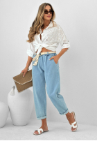 Pantaloni din denim mom fit z paskiem Born To Ride albastru deschis