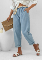 Pantaloni din denim mom fit z paskiem Born To Ride albastru deschis