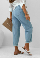 Pantaloni din denim mom fit z paskiem Born To Ride albastru deschis