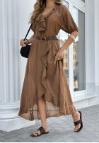 Rochie z falbankami i paskiem Every Twirl ciocolatie