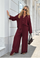 Wiskozowy Compleu Cămașă i Pantaloni wide leg Summer Skies burgundowy