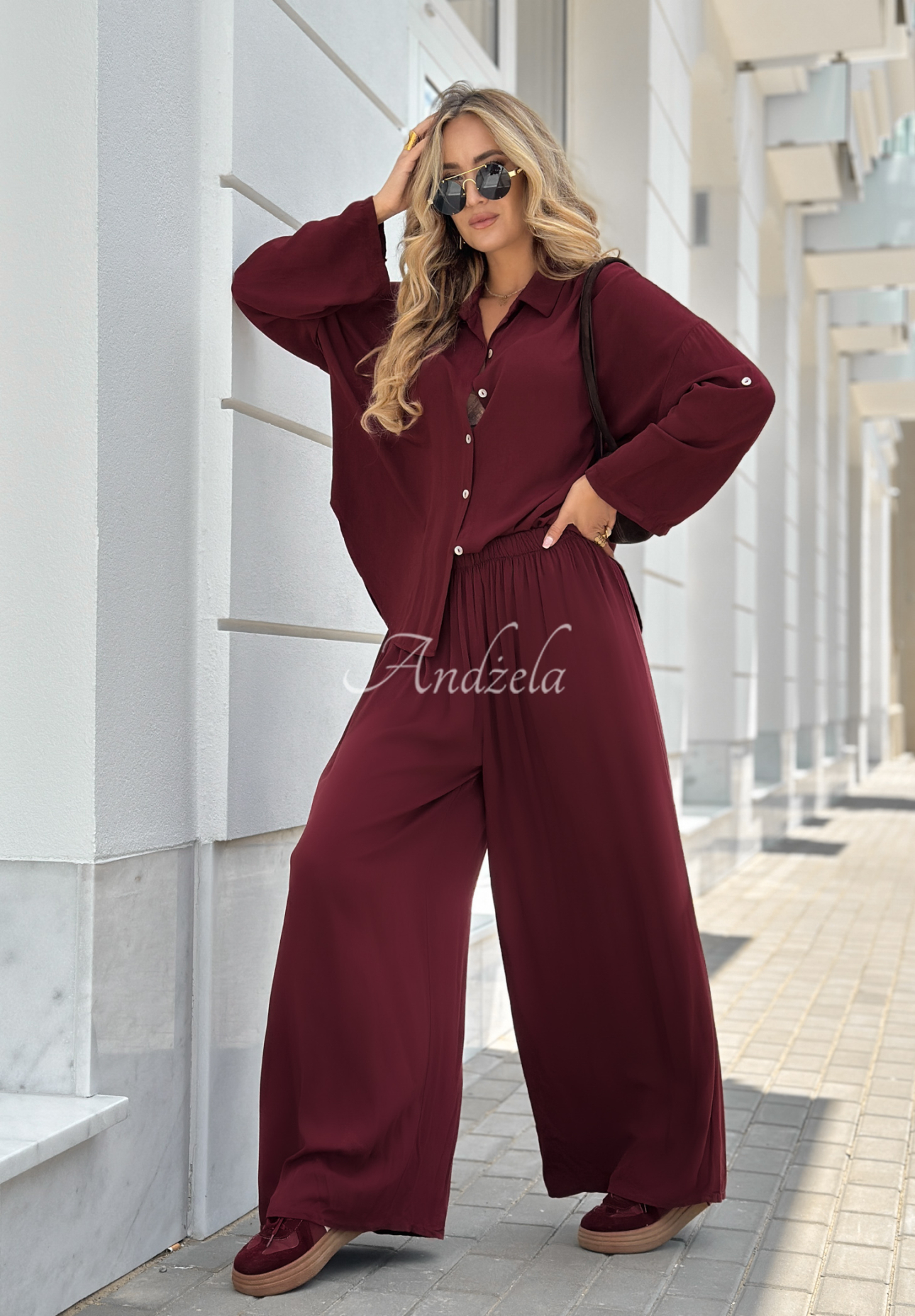 Set din viscoză Summer Skies format din cămașă și pantaloni wide leg