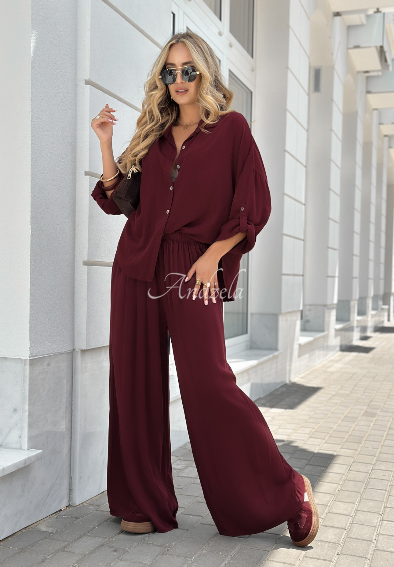 Set din viscoză Summer Skies format din cămașă și pantaloni wide leg
