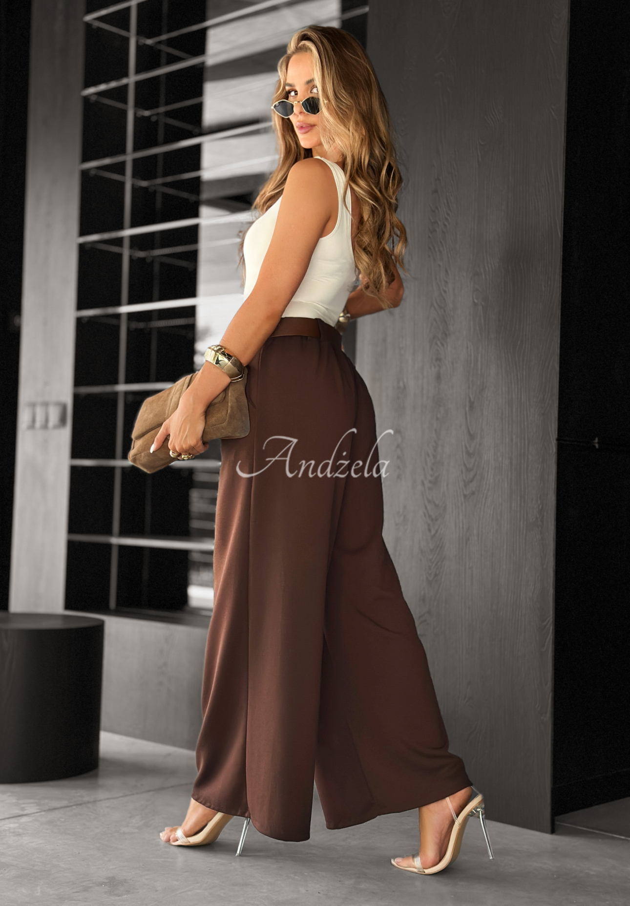 Pantaloni wide leg din material Own Your Power cu curea