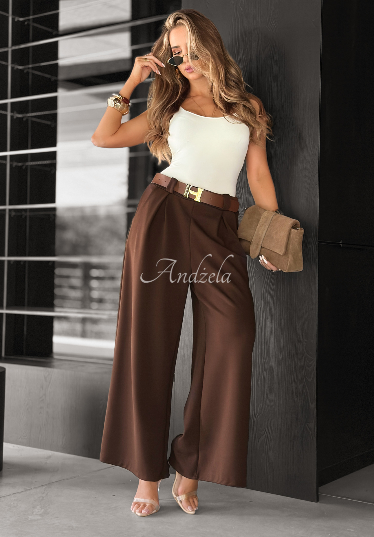Pantaloni wide leg din material Own Your Power cu curea