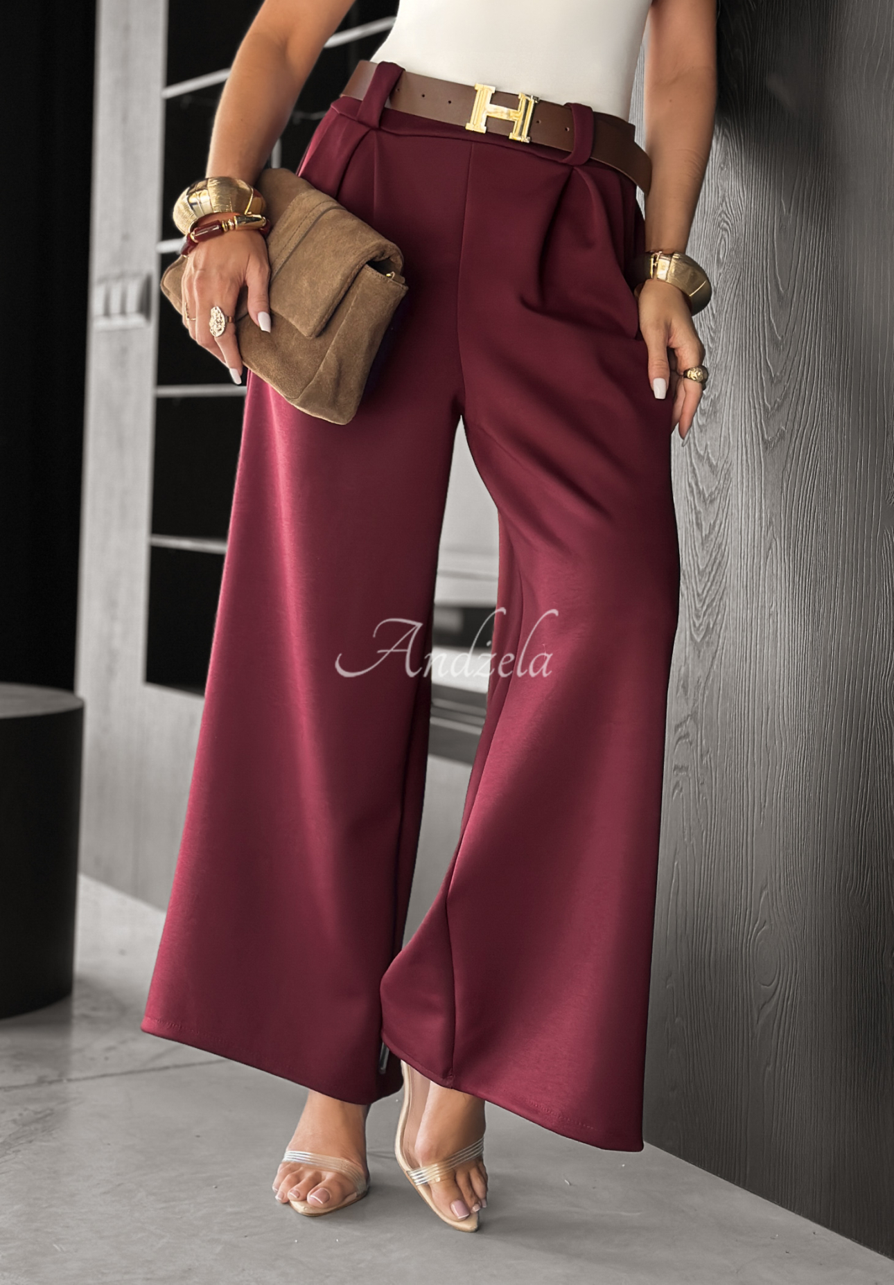 Pantaloni wide leg din material Own Your Power cu curea
