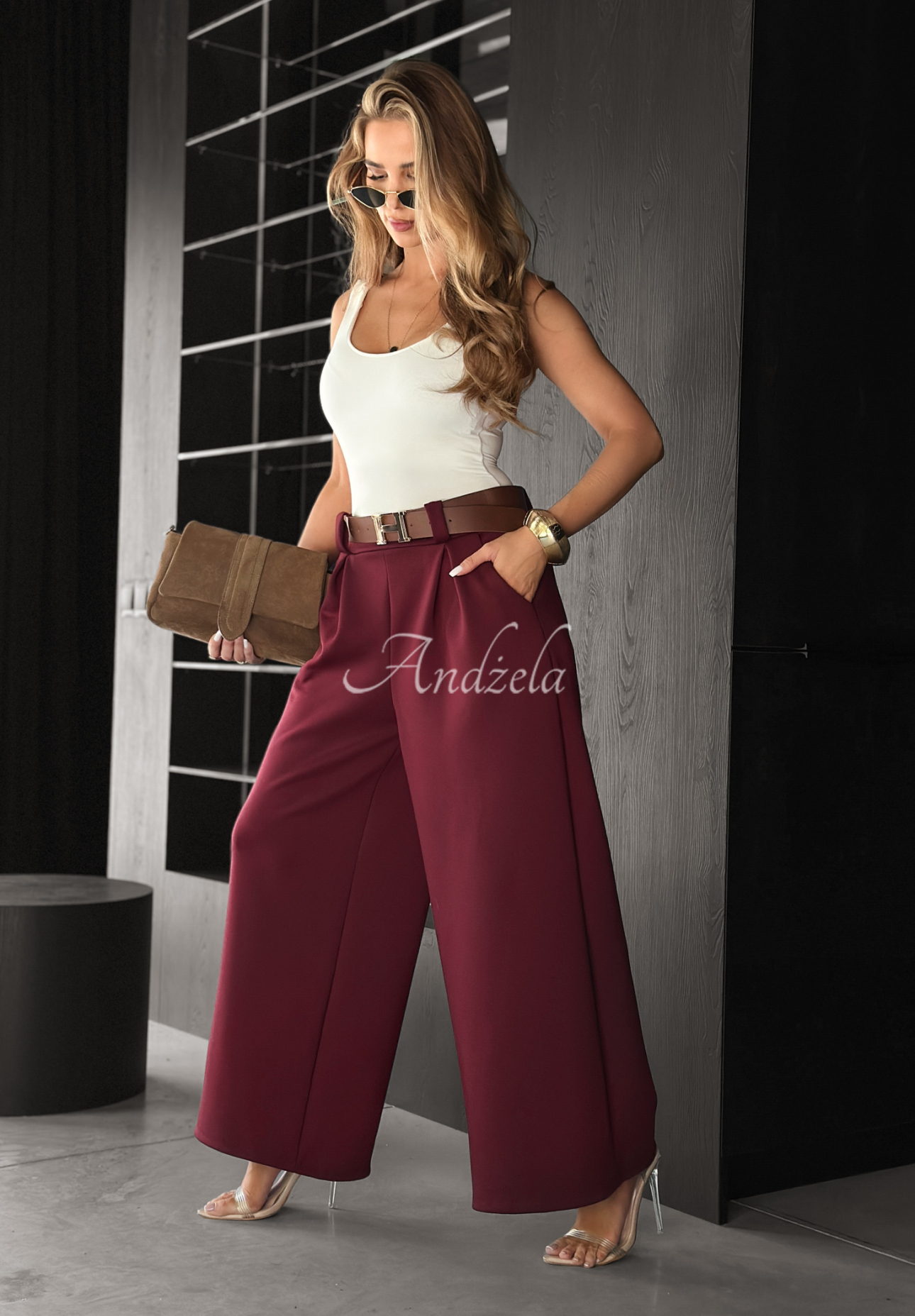 Pantaloni wide leg din material Own Your Power cu curea