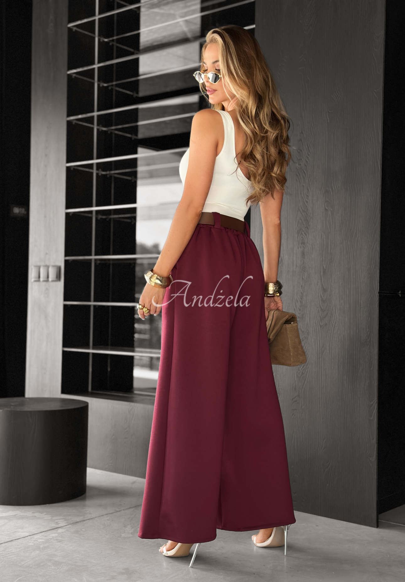 Pantaloni wide leg din material Own Your Power cu curea