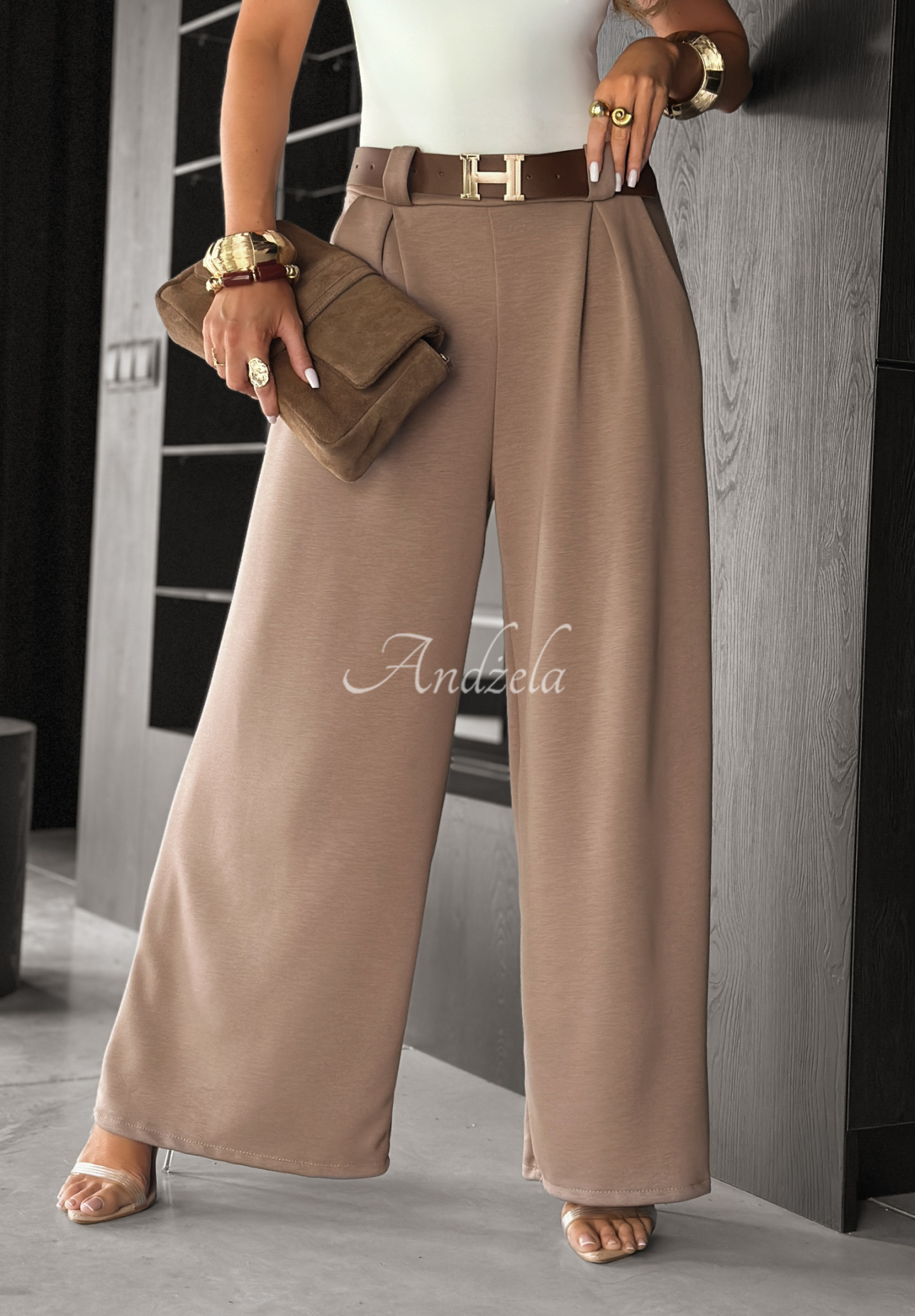 Pantaloni wide leg din material Own Your Power cu curea
