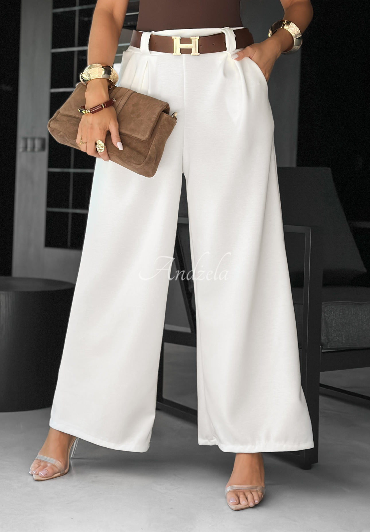 Pantaloni wide leg din material Own Your Power cu curea
