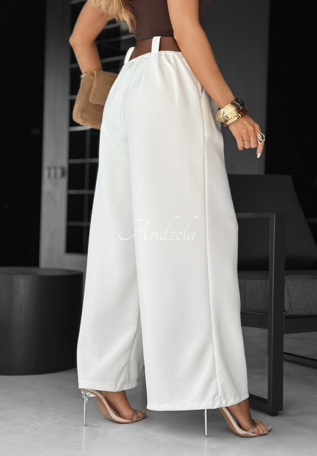 Pantaloni wide leg din material Own Your Power cu curea
