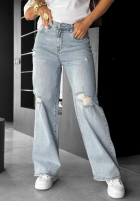 Pantaloni din denim wide leg z przetarciami I Think So albastru deschis