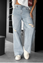 Pantaloni din denim wide leg z przetarciami I Think So albastru deschis
