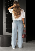 Pantaloni din denim wide leg z przetarciami I Think So albastru deschis
