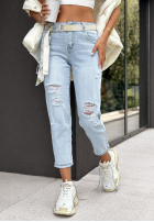 Pantaloni din denim mom fit z przetarciami Never Told You albastre