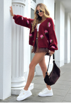 Krótki Cardigan w kwiaty Bloomingdale burgundowy