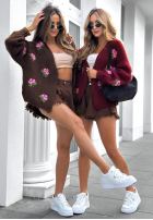 Krótki Cardigan w kwiaty Bloomingdale burgundowy