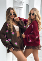 Krótki Cardigan w kwiaty Bloomingdale burgundowy