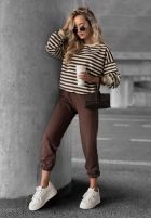 Compleu de trening Hanorac i Pantaloni w paski Low Battery waniliowo-ciocolatiu