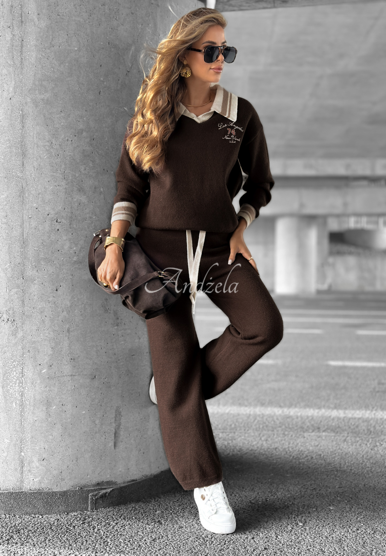 Set tricotat format din pulover și pantaloni wide leg Halls Lake