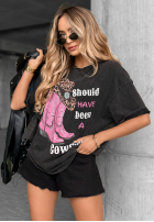 Tricou z nadrukiem A Cowgirl gri închis