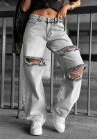Pantaloni din denim wide leg z przetarciami Cancel Everything jasnoszare