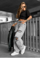Pantaloni din denim wide leg z przetarciami Cancel Everything jasnoszare