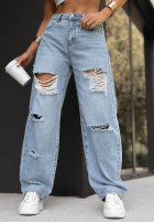 Pantaloni din denim wide leg z przetarciami Where Are You albastre