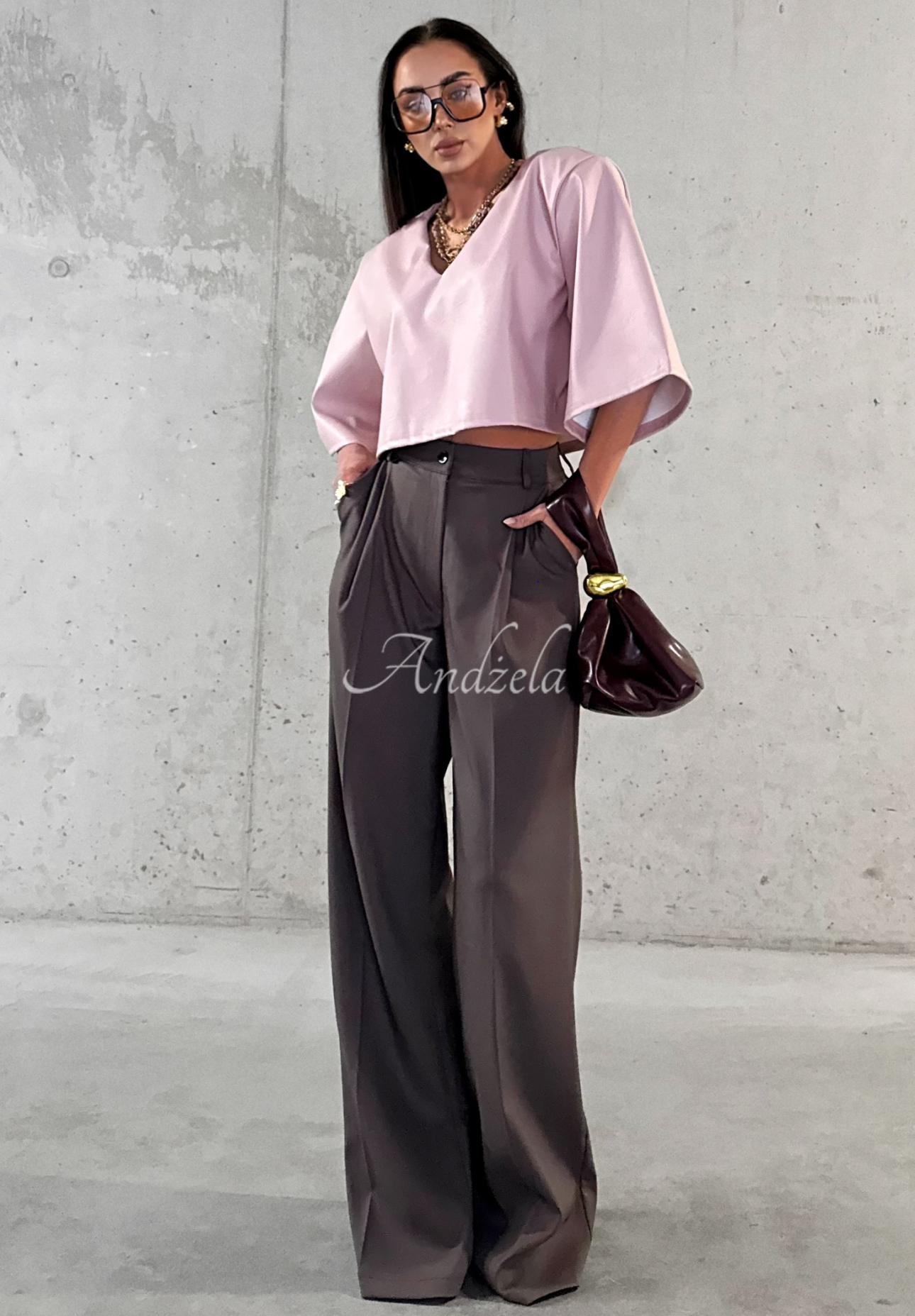 Pantaloni eleganți wide leg din viscoză La Milla Coffee First