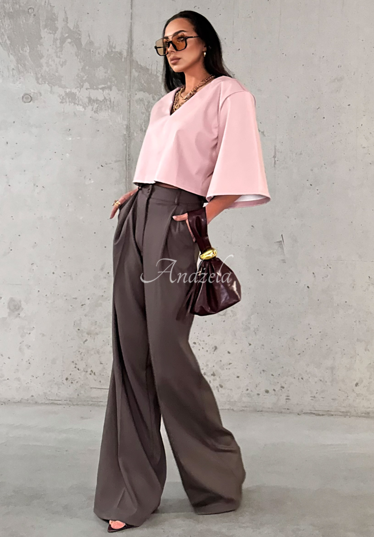 Pantaloni eleganți wide leg din viscoză La Milla Coffee First