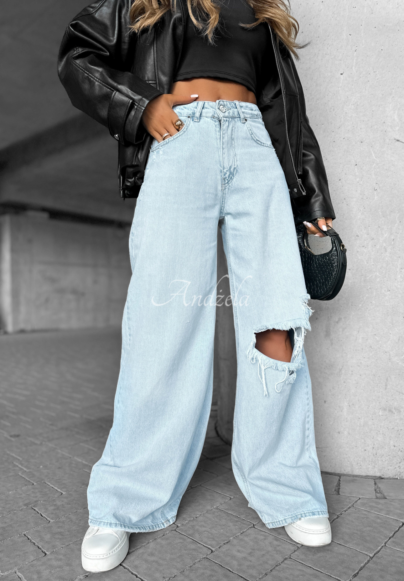 Blugi wide leg cu abraziuni Still Waiting Here