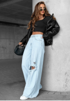 Pantaloni din denim wide leg z przetarciami Still Waiting Here albastru deschis