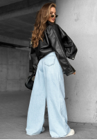 Pantaloni din denim wide leg z przetarciami Still Waiting Here albastru deschis