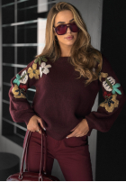 Pulover z haftowanymi kwiatami Colorful Flowers burgundowy