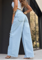 Pantaloni din denim wide leg z przetarciami Everything Changed albastru deschis