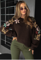 Pulover z haftowanymi kwiatami Colorful Flowers ciocolatiu