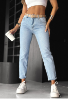 Pantaloni din denim mom fit z paskiem No Rush albastre