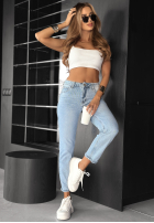 Pantaloni din denim mom fit z paskiem No Rush albastre