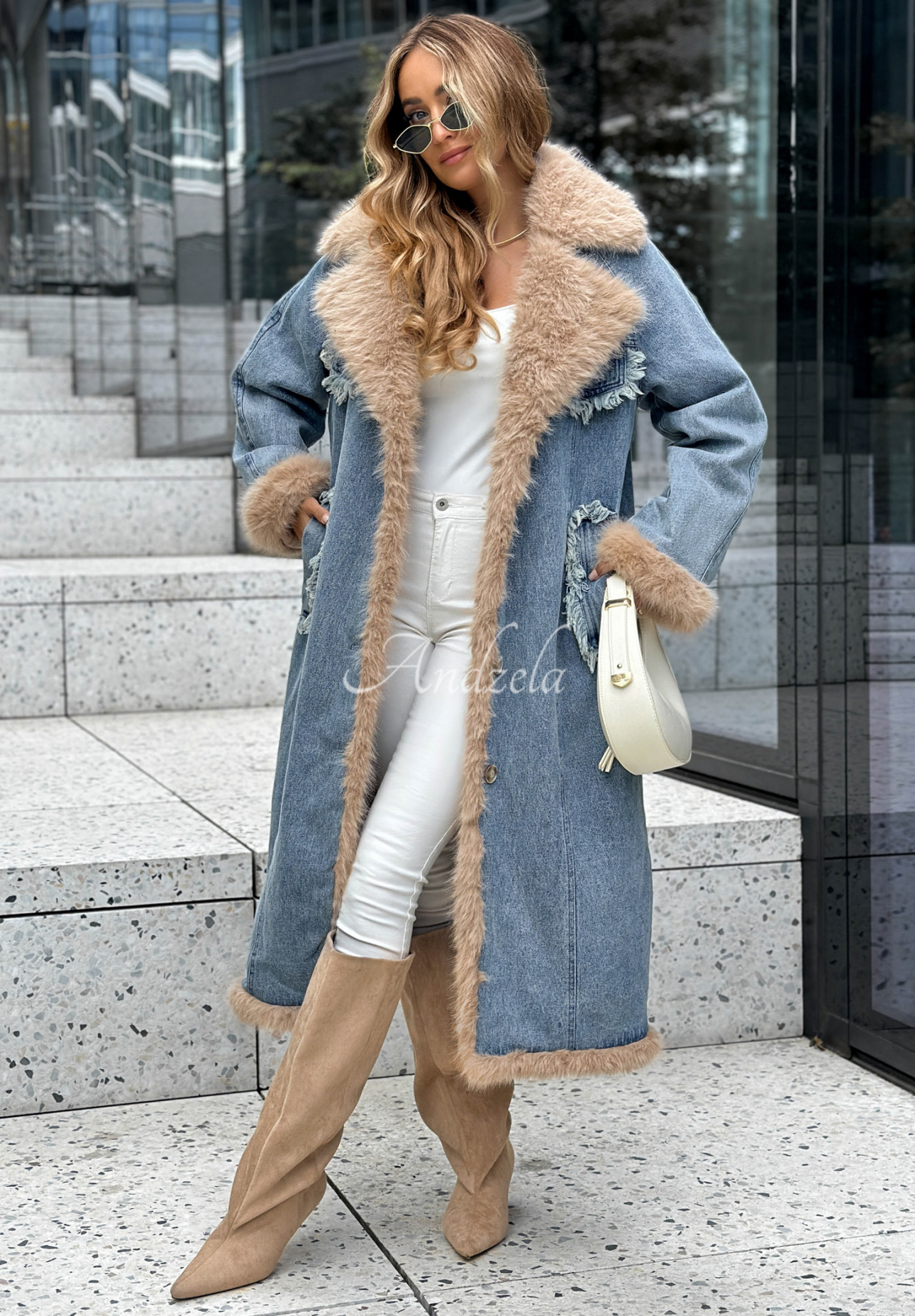 Pardesiu lung din denim Just Landed cu blană