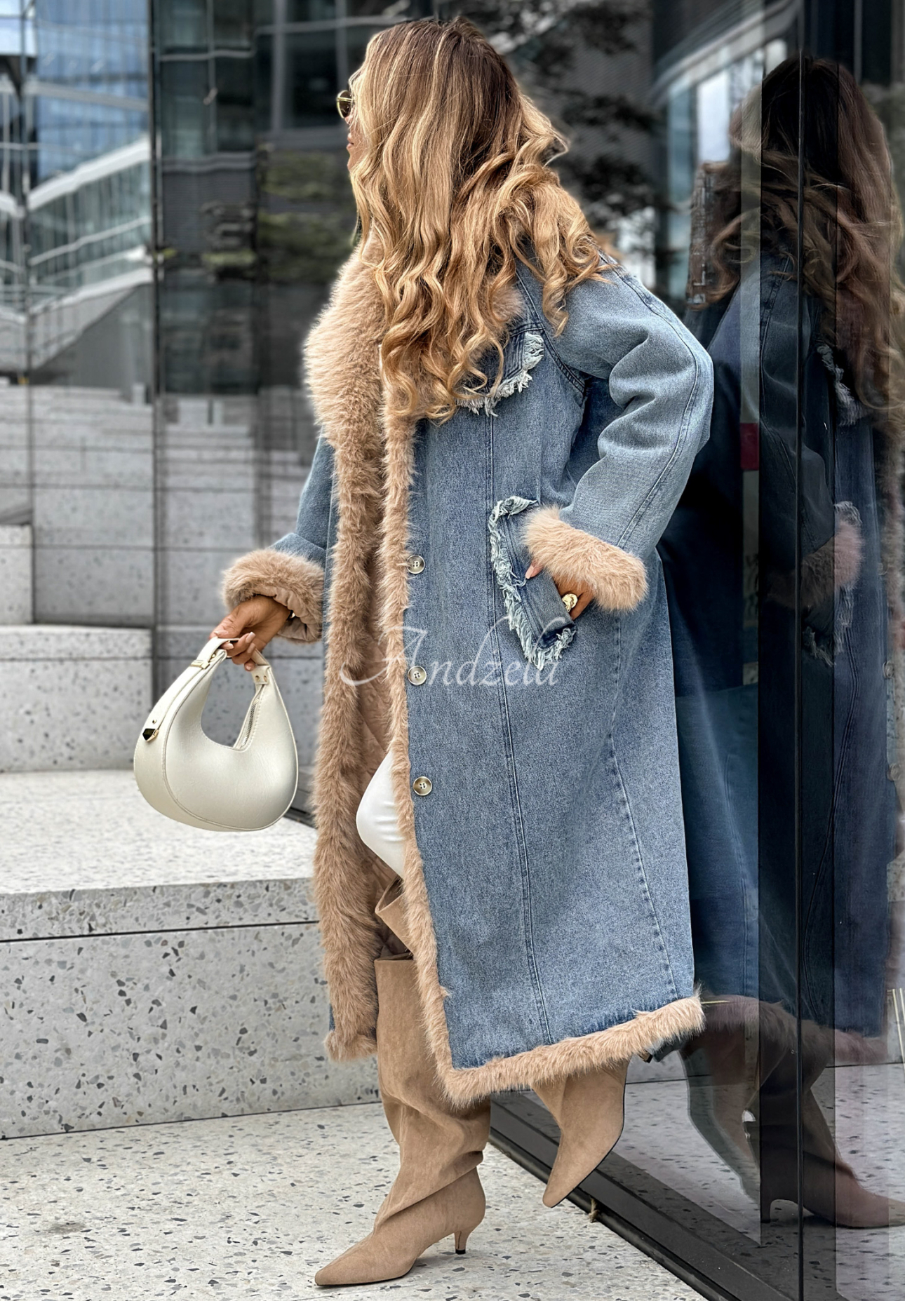 Pardesiu lung din denim Just Landed cu blană