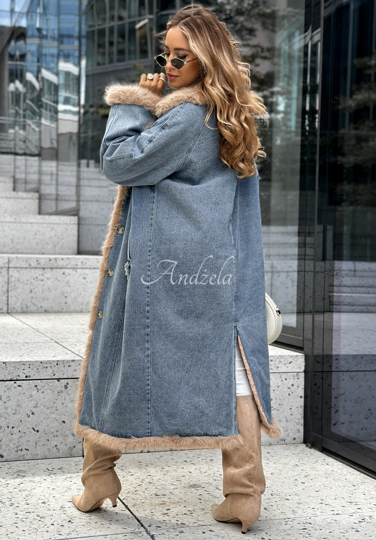 Pardesiu lung din denim Just Landed cu blană