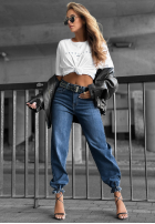 Pantaloni din denim mom fit z paskiem Stay Curious ciemnoniebieski