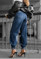 Pantaloni din denim mom fit z paskiem Stay Curious ciemnoniebieski