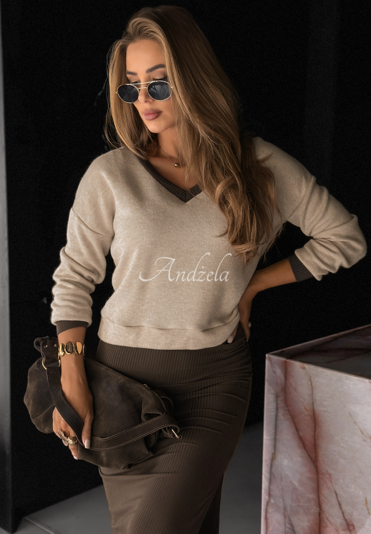 Compleu format din rochie cu striații și pulover Autumn Feelings