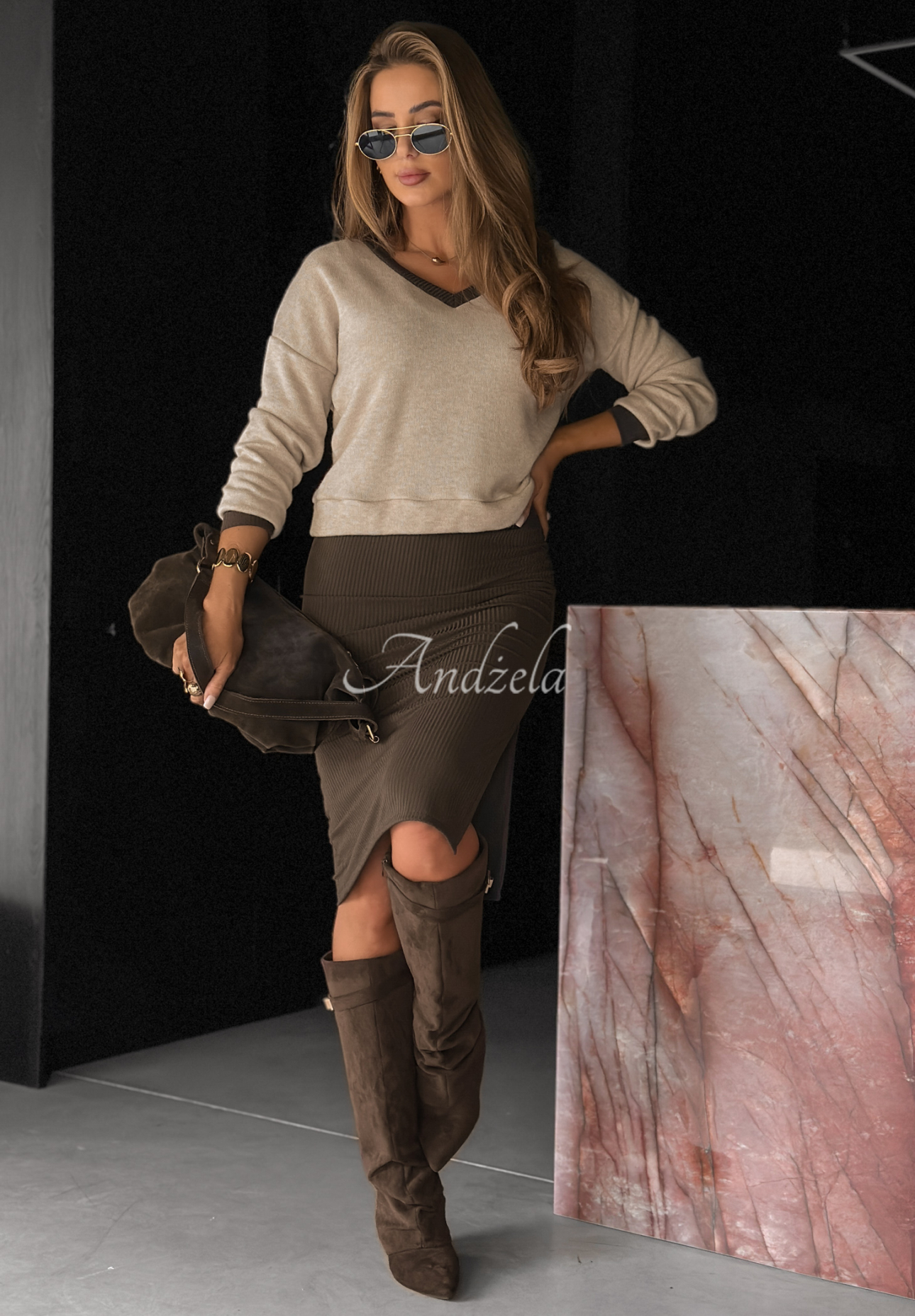 Compleu format din rochie cu striații și pulover Autumn Feelings
