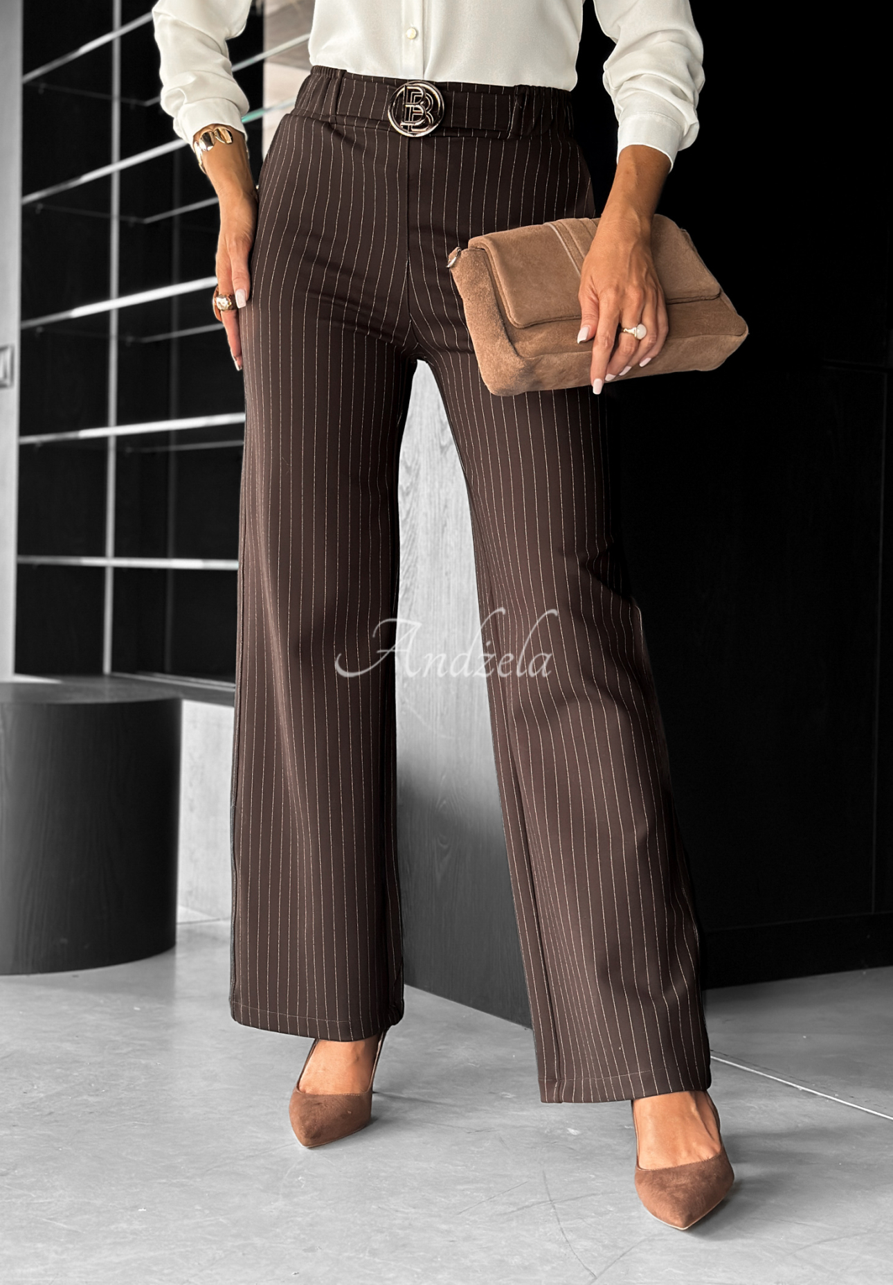 Pantaloni eleganți wide leg cu dungi One More Time
