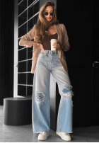 Pantaloni din denim wide leg z przetarciami No One Asked albastre