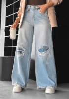 Pantaloni din denim wide leg z przetarciami No One Asked albastre
